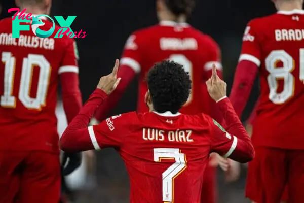 LONDON, ENGLAND - Wednesday, January 24, 2024: Liverpool's Luis Díaz celebrates after scoring the first goal during the Football League Cup Semi-Final 2nd Leg match between Fulham FC and Liverpool FC at Craven Cottage. (Photo by David Rawcliffe/Propaganda)