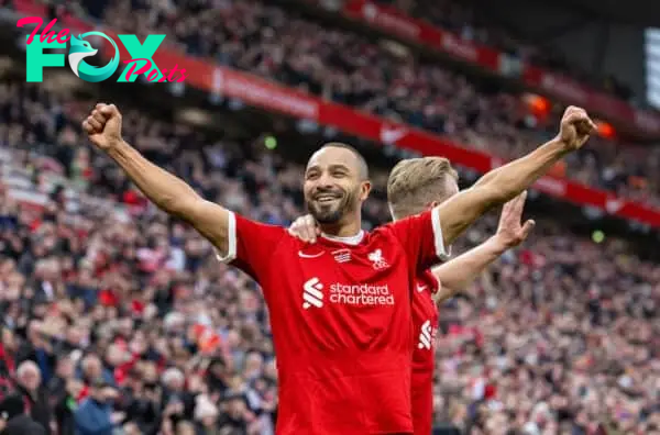 LIVERPOOL, ENGLAND - Saturday, March 23, 2024: Liverpool's Nabil El Zhar celebrates after scoring the third goal during the LFC Foundation match between Liverpool FC Legends and Ajax FC Legends at Anfield. (Photo by David Rawcliffe/Propaganda)