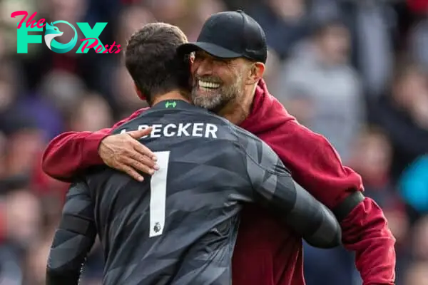 LIVERPOOL, ENGLAND - Saturday, October 21, 2023: Liverpool's manager Jürgen Klopp (R) celebrates with goalkeeper Alisson Becker after the FA Premier League match between Liverpool FC and Everton FC, the 243rd Merseyside Derby, at Anfield. (Photo by David Rawcliffe/Propaganda)