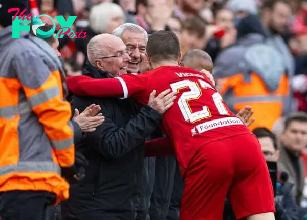 LIVERPOOL, ENGLAND - Saturday, March 23, 2024: Liverpool's Grégory Vignal celebrates after scoring his side's first goal with manager Sven-Göran Eriksson during the LFC Foundation match between Liverpool FC Legends and Ajax FC Legends at Anfield. (Photo by David Rawcliffe/Propaganda)