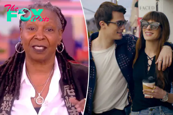 A split photo of Whoopi Goldberg talking and Anne Hathaway and Nicholas Galitzine acting in the "Idea of You"