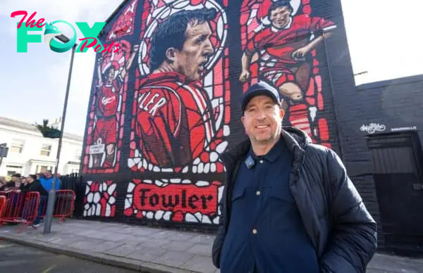 LIVERPOOL, ENGLAND - Friday, March 22, 2024: Former Liverpool and England striker Robbie Fowler at the opening of a new street art mural painted on a terrace house a few streets away from Anfield Stadium. (Photo by David Rawcliffe/Propaganda)