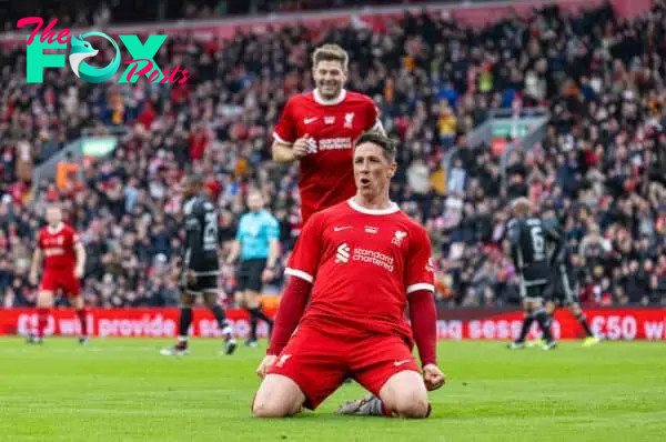 LIVERPOOL, ENGLAND - Saturday, March 23, 2024: Liverpool's Fernando Torres celebrates after scoring the third goal during the LFC Foundation match between Liverpool FC Legends and Ajax FC Legends at Anfield. (Photo by David Rawcliffe/Propaganda)