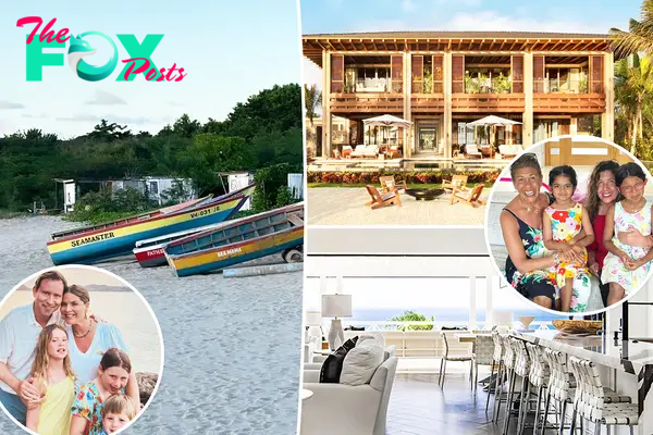 A split photo of Jenna Bush Hager's Instagram Story of boats on a beach and a small photo of Jenna Bush Hager and Henry Hager with their kids and a large photo of the Rosewood Mayakoba and a small photo of Hoda Kotb posing with her sister and two daughters