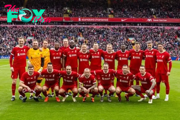 LIVERPOOL, ENGLAND - Saturday, March 23, 2024: Liverpool players line-up for a team group photograph before the LFC Foundation match between Liverpool FC Legends and Ajax FC Legends at Anfield. (Photo by David Rawcliffe/Propaganda)