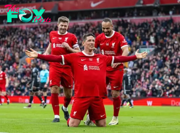 LIVERPOOL, ENGLAND - Saturday, March 23, 2024: Liverpool's Fernando Torres (C) celebrates with team-mates Steven Gerrard (L) and Nabil El Zhar (R) after scoring the third goal during the LFC Foundation match between Liverpool FC Legends and Ajax FC Legends at Anfield. (Photo by David Rawcliffe/Propaganda)