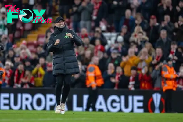 LIVERPOOL, ENGLAND - Thursday, March 14, 2024: Liverpool's manager Jürgen Klopp celebrates after during the UEFA Europa League Round of 16 2nd Leg match between Liverpool FC and AC Sparta Praha at Anfield. Liverpool won 6-1, 11-2 on aggregate. (Photo by David Rawcliffe/Propaganda)
