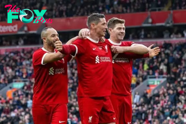 LIVERPOOL, ENGLAND - Saturday, March 23, 2024: Liverpool's Fernando Torres (C) celebrates after scoring the third goal during the LFC Foundation match between Liverpool FC Legends and Ajax FC Legends at Anfield. (Photo by David Rawcliffe/Propaganda)