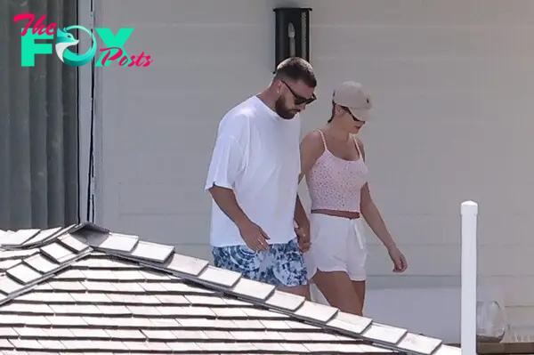 Travis Kelce and Taylor Swift holding hands in the Bahamas. 