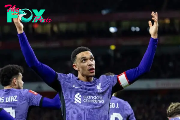 LONDON, ENGLAND - Sunday, January 7, 2024: Liverpool's Trent Alexander-Arnold celebrates his side's opening goal during the FA Cup 3rd Round match between Arsenal FC and Liverpool FC at the Emirates Stadium. Liverpool won 2-0. (Photo by David Rawcliffe/Propaganda)