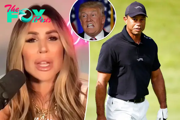 A composite image of Tiger Woods, Rachel Uchitel and Donald Trump.