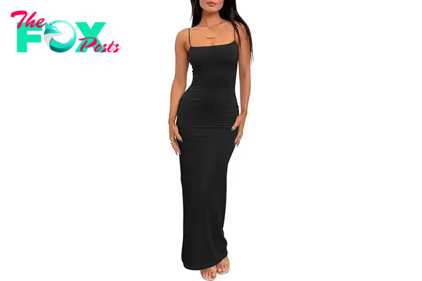 A model in a black maxi dress