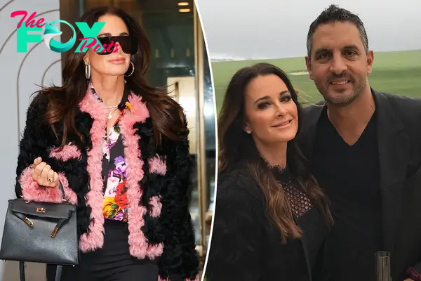 A split photo of Kyle Richards walking and a photo of Kyle Richards and Mauricio Umansky posing together