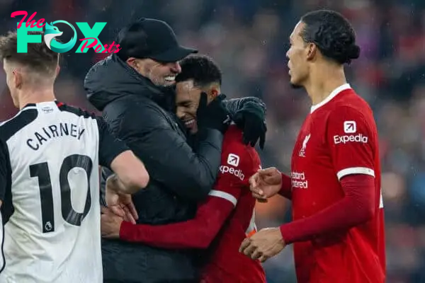 LIVERPOOL, ENGLAND - Sunday, December 3, 2023: Liverpool's manager Jürgen Klopp (L) celebrates with Trent Alexander-Arnold (C) and captain Virgil van Dijk (R) after the FA Premier League match between Liverpool FC and Fulham FC at Anfield. (Photo by David Rawcliffe/Propaganda)