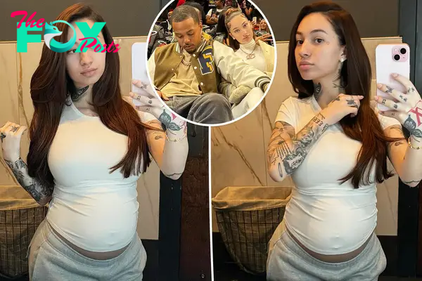 Two split photos of a mirror selfie of pregnant Bhad Bhabie and a small photo of Bhad Bhabie and Le Vaughn