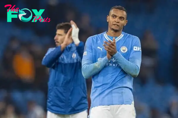 MANCHESTER, ENGLAND - Wednesday, March 6, 2024: Manchester City's Manuel Akanji applauds the supporters after the UEFA Champions League Round of 16 2nd Leg match between Manchester City FC and FC Copenhagen at the City of Manchester Stadium. (Photo by Paul Currie/Propaganda)
