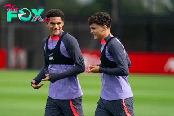 LIVERPOOL, ENGLAND - Wednesday, September 20, 2023: Liverpool's Jarell Quansah (L) and Stefan Bajcetic during a training session at the AXA Training Centre ahead of the UEFA Europa League Group E match between LASK and Liverpool FC. (Pic by Andrew Yeats/Propaganda)