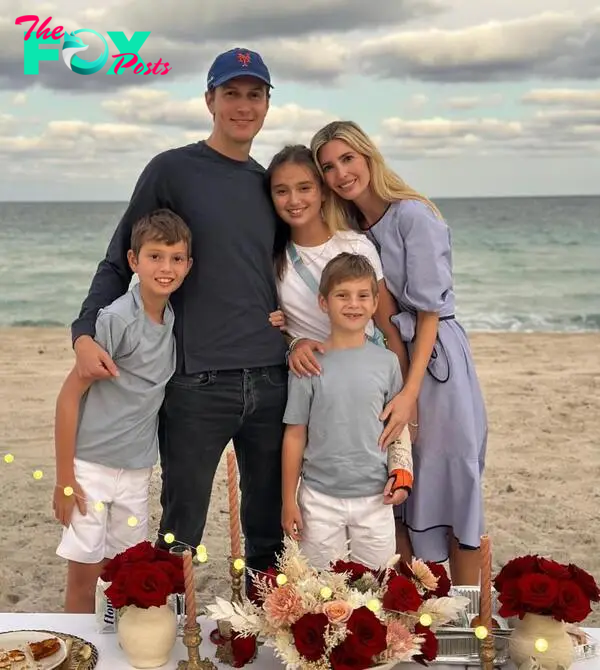 Jared Kushner and Ivanka Trump with their three kids on the beach. 