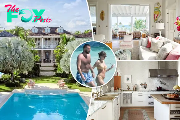 Taylor Swift and Travis Kelce inset with the Rosalita House.