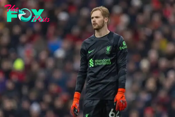 LIVERPOOL, ENGLAND - Sunday, December 3, 2023: Liverpool's goalkeeper Caoimhin Kelleher during the FA Premier League match between Liverpool FC and Fulham FC at Anfield. (Photo by David Rawcliffe/Propaganda)