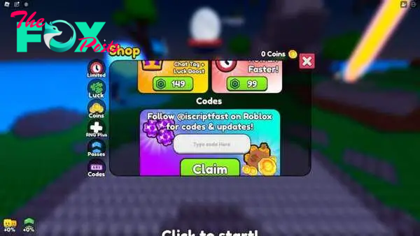 Codes redemption menu in Aura RNG Roblox experience