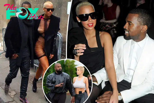 Amber Rose and Kanye West split image with inset of him and Bianca Censori.