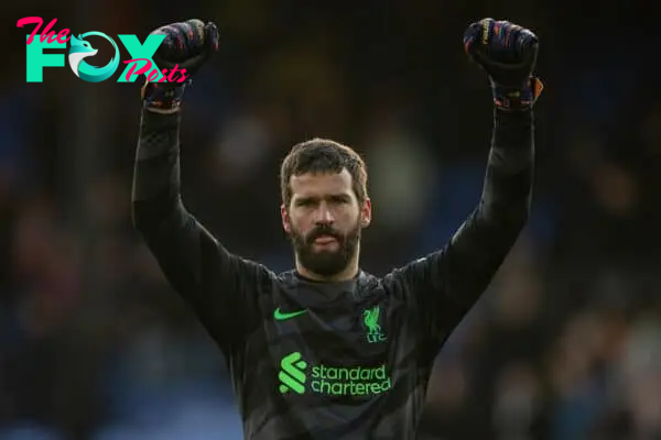 LONDON, ENGLAND - Saturday, December 9, 2023: Liverpool's goalkeeper Alisson Becker celebrates at the final whistle after the FA Premier League match between Crystal Palace FC and Liverpool FC at Selhurst Park. Liverpool won 2-1. (Photo by David Rawcliffe/Propaganda)