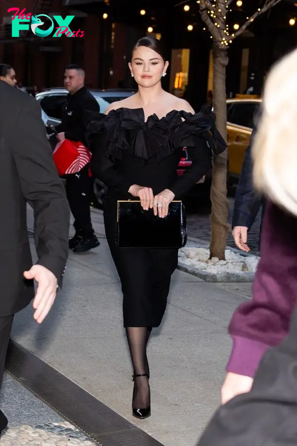 Selena Gomez in a black dress in NYC