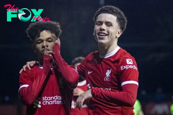 LIVERPOOL, ENGLAND - Saturday, January 20, 2024: Liverpool's Trent Kone-Doherty (L) celebrates with team-mate Kieran Morrison after scoring the fourth goal during the FA Youth Cup 4th Round match between Liverpool FC Under-18's and Arsenal FC Under-18's at the Liverpool Academy. (Photo by David Rawcliffe/Propaganda)
