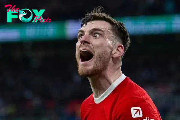 LONDON, ENGLAND - Sunday, February 25, 2024: Liverpool's Andy Robertson celebrates during the Football League Cup Final match between Chelsea FC and Liverpool FC at Wembley Stadium. Liverpool won 1-0 after extra-time. (Photo by David Rawcliffe/Propaganda)