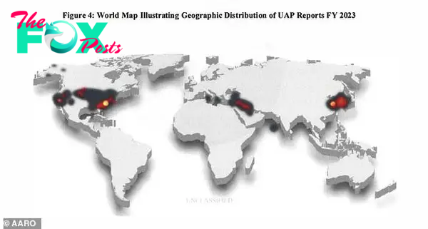 'A lot' of UFO cases were referred to law enforcement last year, Dr. Kirkpatrick told reporters, and, in some serious cases, to US counterintelligence investigators. Above a heat map of the UAP or UFO hot spots that have emerged from the past year of reports to the Pentagon