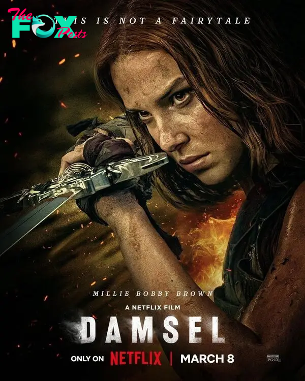 Millie Bobby Brown holding a sword in the poster for Damsel