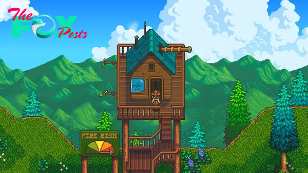 An image of a fire lookout rendered in pixel art in a screenshot from Haunted Chocolatier.&nbsp;There is a house on top and a character with a brimmed hat stands on top of it.