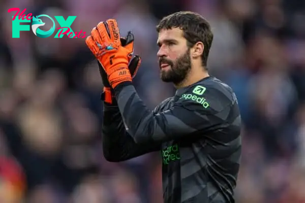 LIVERPOOL, ENGLAND - Sunday, October 29, 2023: Liverpool's goalkeeper Alisson Becker applauds the supporters after the FA Premier League match between Liverpool FC and Nottingham Forest FC at Anfield. Liverpool won 3-0. (Photo by David Rawcliffe/Propaganda)