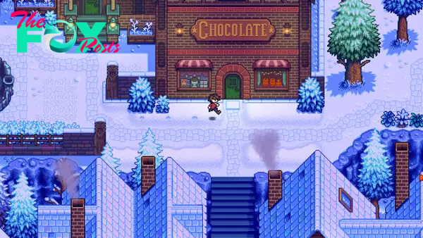 An image of character running through rendered in pixel art in a screenshot from Haunted Chocolatier.&nbsp;They are standing in front of a brick storefront with a sign that says “Chocolate’ on it.