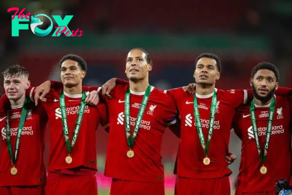 LONDON, ENGLAND - Sunday, February 25, 2024: Liverpool's Conor Bradley, Jarell Quansah, Virgil van Dijk, Cody Gakpo and Joe Gomez celebrate after the Football League Cup Final match between Chelsea FC and Liverpool FC at Wembley Stadium. Liverpool won 1-0 after extra-time. (Photo by David Rawcliffe/Propaganda)