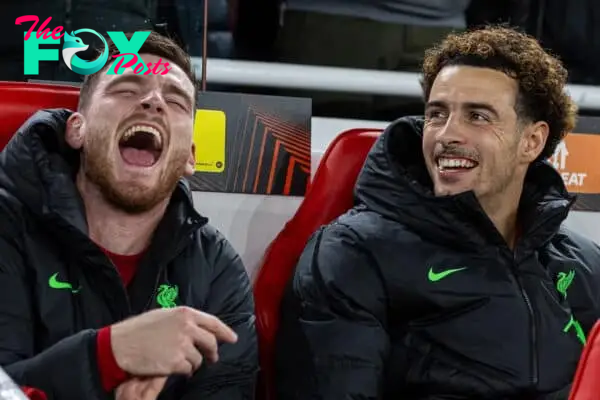 LIVERPOOL, ENGLAND - Thursday, October 5, 2023: Liverpool substitutes (L-R) Andy Robertson, Curtis Jones and Dominik Szoboszlai laugh on the bench before the UEFA Europa League Group E matchday 2 game between Liverpool FC and Union SG at Anfield. (Pic by David Rawcliffe/Propaganda)
