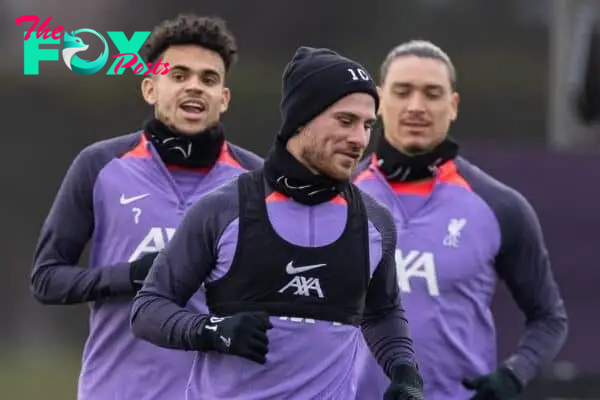 LIVERPOOL, ENGLAND - Wednesday, March 13, 2024: Liverpool's (L-R) Luis Díaz, Alexis Mac Allister, Darwin Núñez during a training session at the AXA Training Centre ahead of the UEFA Europa League Round of 16 2nd Leg match between Liverpool FC and AC Sparta Praha. (Photo by David Rawcliffe/Propaganda)