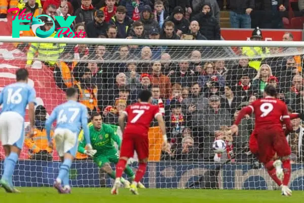 LIVERPOOL, ENGLAND - Sunday, March 10, 2024: Manchester City's goalkeeper Ederson Santana de Moraes is beaten as Liverpool's Alexis Mac Allister score the first equalising goal from a penalty kick during the FA Premier League match between Liverpool FC and Manchester City FC at Anfield. (Photo by David Rawcliffe/Propaganda)