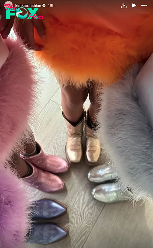 An Instagram Story of four Kardashian granddaughters wearing matching dresses and cowgirl boots