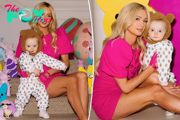 A split of Paris Hilton posing with her son Phoenix on Easter.