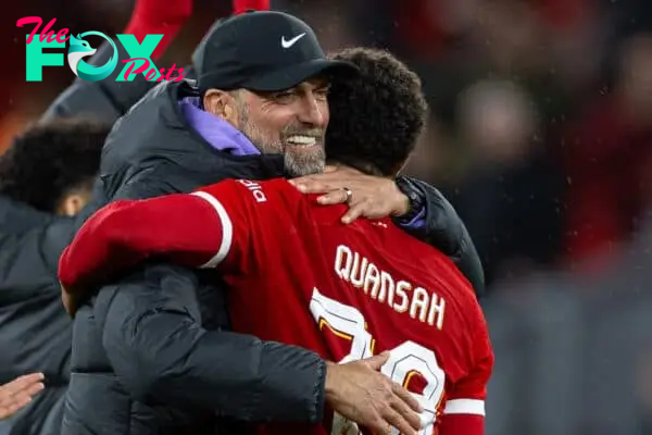 LIVERPOOL, ENGLAND - Wednesday, September 27, 2023: Liverpool's manager Jürgen Klopp (L) embraces Jarell Quansah after the Football League Cup 3rd Round match between Liverpool FC and Leicester City FC at Anfield. Liverpool won 3-1. (Pic by David Rawcliffe/Propaganda)
