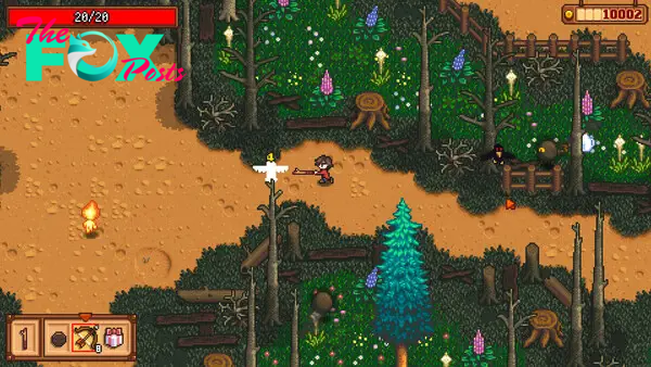 An image of character swinging a stick in the woods rendered in pixel art in a screenshot from Haunted Chocolatier.&nbsp;