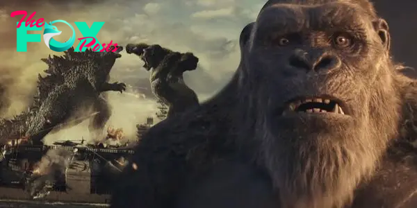 An edit of King Kong looking directly toward the camera with Godzilla and King Kong fighting in Godzilla x Kong