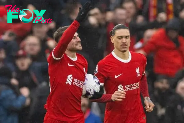 LIVERPOOL, ENGLAND - Sunday, March 10, 2024: Liverpool's Alexis Mac Allister celebrates after scoring the his side's first equalising goal during the FA Premier League match between Liverpool FC and Manchester City FC at Anfield. (Photo by David Rawcliffe/Propaganda)