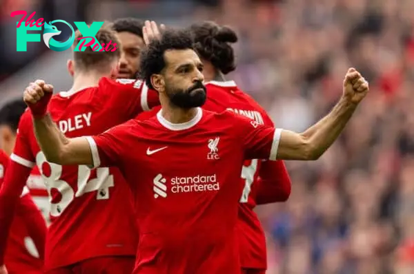 LIVERPOOL, ENGLAND - Sunday, March 31, 2024: Liverpool's Mohamed Salah celebrates after scoring his side's second goal during the FA Premier League match between Liverpool FC and Brighton & Hove Albion FC at Anfield. (Photo by David Rawcliffe/Propaganda)