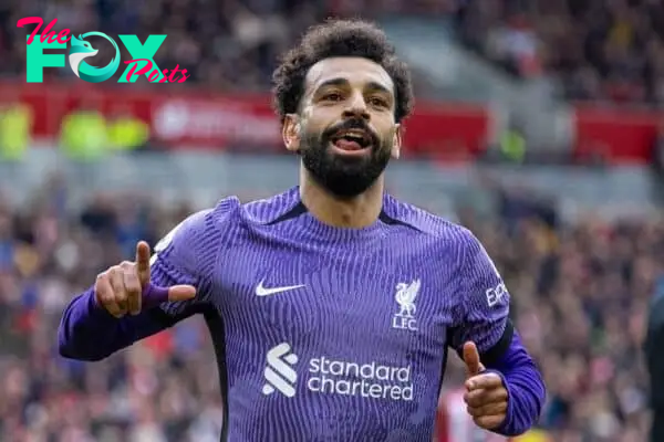 LONDON, ENGLAND - Saturday, February 17, 2024: Liverpool's Mohamed Salah celebrates after scoring the third goal during the FA Premier League match between Brentford FC and Liverpool FC at the Brentford Community Stadium. (Photo by David Rawcliffe/Propaganda)