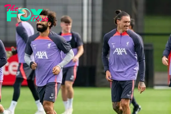LIVERPOOL, ENGLAND - Wednesday, September 20, 2023: Liverpool's Mohamed Salah (L) and Darwin Núñez during a training session at the AXA Training Centre ahead of the UEFA Europa League Group E match between LASK and Liverpool FC. (Pic by Andrew Yeats/Propaganda)