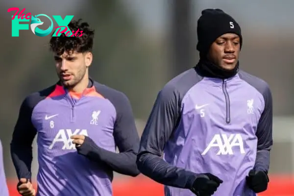 LIVERPOOL, ENGLAND - Wednesday, March 6, 2024: Liverpool's Ibrahima Konaté (R) and Dominik Szoboszlai during a training session at the AXA Training Centre ahead of the UEFA Europa League Round of 16 1st Leg match between AC Sparta Praha and Liverpool FC. (Photo by Jessica Hornby/Propaganda)