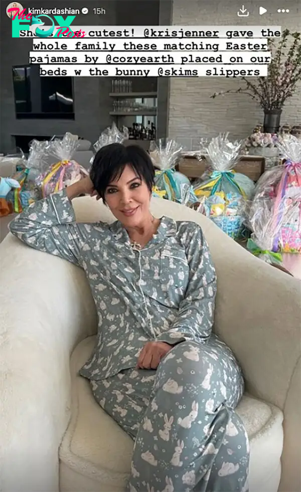 Kris Jenner sitting in Easter Pajamas